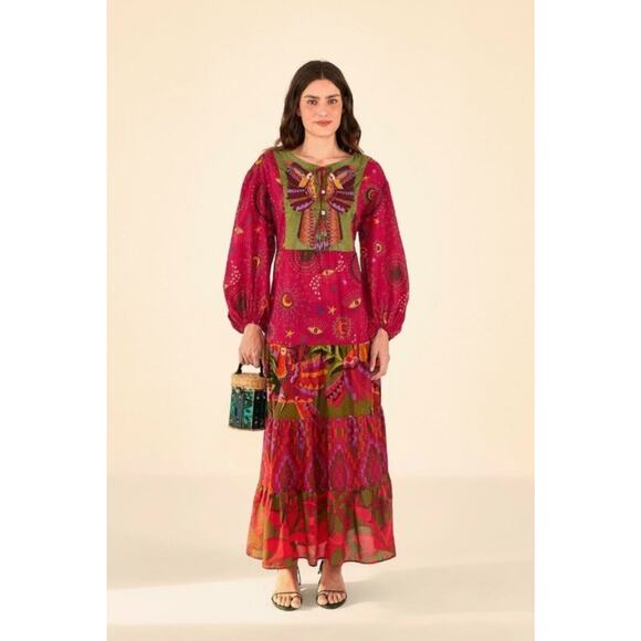 Farm Rio Mixed Prints Embroidered Yoke Maxi Dress Size XS Boho Style Tropical - Picture 1 of 6